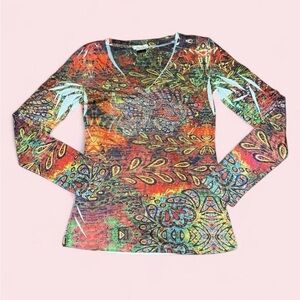 Love Rocks Y2K Boho Festival V-neck Top M Crown Rhinestone Psychedelic